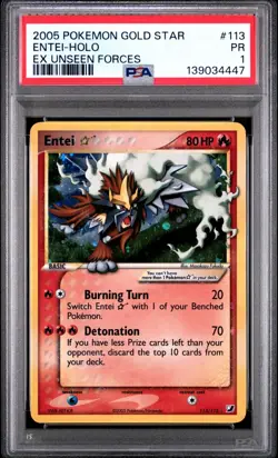 2005 POKEMON EX UNSEEN FORCES 113/115 ENTEI GOLD STAR HOLO PSA 1 - Image 1