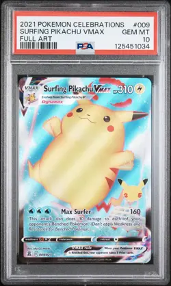 2021 POKEMON CELEBRATIONS #009 FULL ART/SURFING PIKACHU VMAX PSA 10 - Image 1