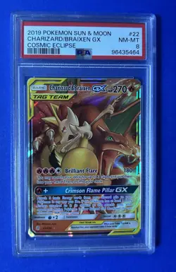 2019 Pokemon Sun & Moon Charizard/Braixen GX Cosmic Eclipse #22 PSA 8 NM-MT - Image 1