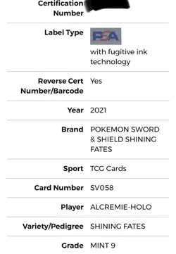 ALCREMIE 2021 Pokemon Sword & Shield Shining Fates Holo PSA 9 - Image 4