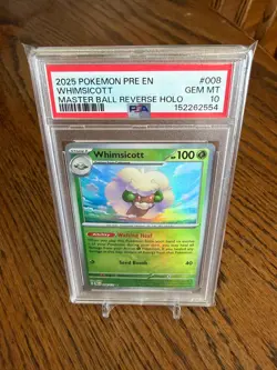 2025 POKEMON PRE EN WHIMSICOTT MASTER BALL REVERSE HOLO #008 PSA GEM MT 10 - Image 1