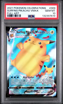 2021 POKEMON CELEBRATIONS #009 FULL ART/SURFING PIKACHU VMAX PSA 10 - Image 1