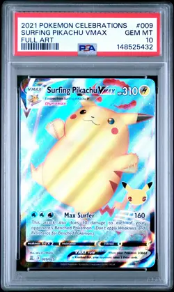 2021 POKEMON CELEBRATIONS #009 FULL ART/SURFING PIKACHU VMAX PSA 10 - Image 1