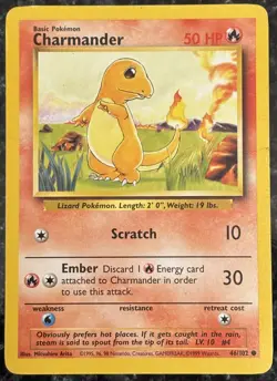 Charmander 046/102 Base Set 1999 Regular Common MP Vintage Pokemon Card - Image 1