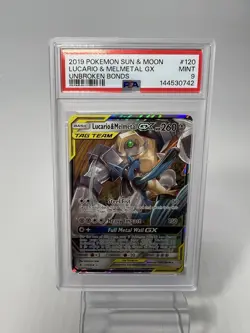 POKEMON CARD SUN & MOON UNBROKEN BONDS LUCARIO & MELMETAL GX PSA 9 TAG TEAM - Image 1