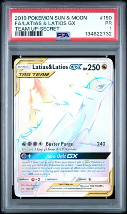 2019 POKEMON SUN & MOON TEAM UP SECRET #190 FULL ART/LATIAS & LATIOS GX PSA 1 - Image 1