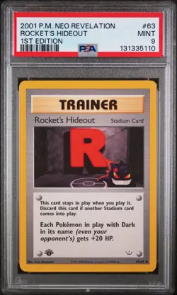 First Edition 2001 Pokemon Neo Revelation 63/64 Rocket's Hideout PSA Mint 9 - Image 1