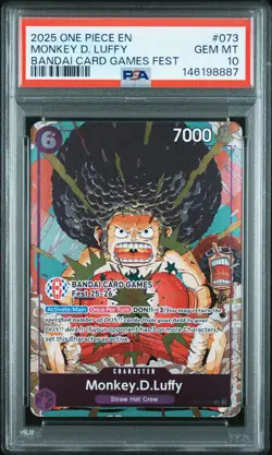 2025 ONE PIECE PROMOS BANDAI CARD GAMES FEST #073 MONKEY D. LUFFY PSA 10 - Image 1