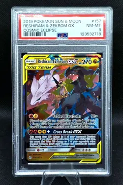 Pokemon Reshiram & Zekrom GX 157/236 - PSA 8 NM MT - Cosmic Eclipse Full Art - Image 1