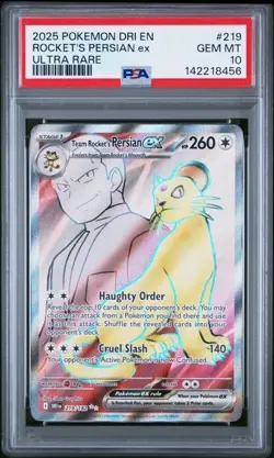 2025 POKEMON EN-DESTINED RIVALS ULTRA RARE TEAM ROCKET'S PERSIAN EX 219 PSA 10 - Image 1