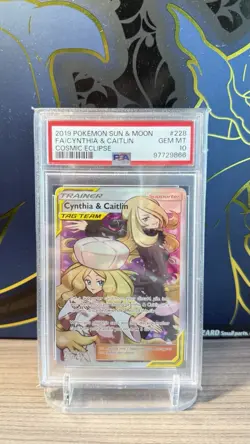 Pokemon 2019 Cosmic Eclipse Cynthia & Caitlin Full Art #228 PSA 10 - Image 1