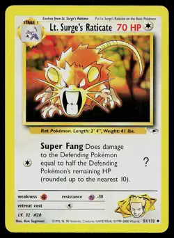 Pokemon Card Gym Heroes Lt. Surge's Raticate 51/132 Unlimited Uncommon - Image 1