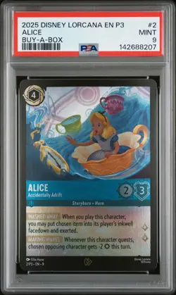2025 DISNEY LORCANA EN P3-PROMO BUY-A-BOX #2 ALICE - ACCIDENTALLY ADRIFT PSA 9 - Image 1