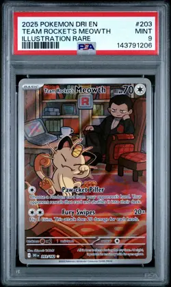 Team Rocket's Meowth 2025 Pokemon TCG Illustration Rare PSA Mint 9 - Image 1