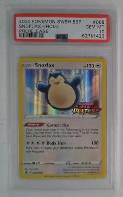 1x V0488: 2020: Snorlax: SWSH068: Prerelease: Holo Promo: PSA: 10: GEM MT: 6275 - Image 1