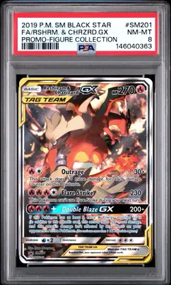 2019 POKEMON BLACK STAR PROMO SM201 FULL ART/RESHIRAM & CHARIZARD GX PSA 8 - Image 1