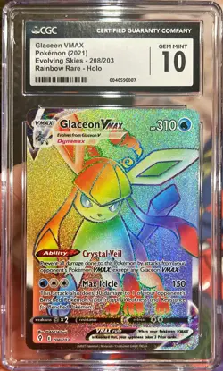 2021 Pokemon Evolving Skies Glaceon VMax 208/203 Rainbow Rare Holo CGC 10 Gem Mt - Image 1
