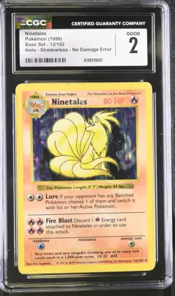 CGC 2 Ninetales 1999 Base Set Shadowless 12/102 No Damage Error Pokemon Card - Image 1