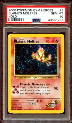 PSA 10 GEM MINT Blaine's Moltres 1/132 HOLO RARE Gym Heroes Pokemon Card - Image 1