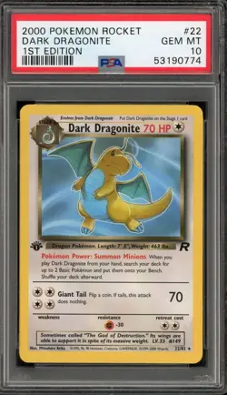 Pokemon Dark Dragonite Team Rocket 1st Edition NON Holo Rare #22 PSA 10 Gem Mint - Image 1
