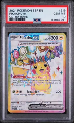 2024 POKEMON SSP EN-SURGING SPARKS ULTRA RARE #219 PIKACHU EX PSA 10 - Image 1