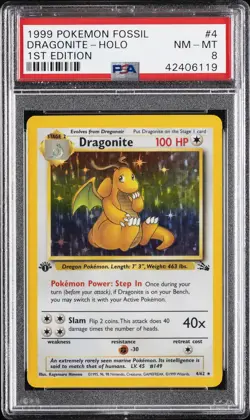 1999 POKEMON FOSSIL 1ST ED #4 DRAGONITE-HOLO PSA 8 - Image 1