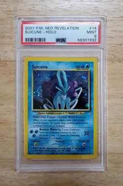 Pokemon PSA 9 MINT 2001 Suicune Neo Revelation Holo Card Partial Swirl - Image 1