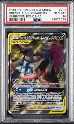 2019 POKEMON SUN & MOON UNBROKEN BONDS FULL ART/GRENINJA & ZOROARK GX PSA 10 - Image 1