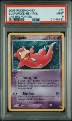 2005 POKEMON SLOWPOKE 72/115 EX UNSEEN FORCES REVERSE FOIL STAMPED PSA 9 - Image 1
