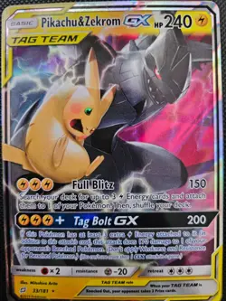 Pokemon TCG Holo Foil Pikachu & Zekrom GX Ultra Rare Card 33/181 Tag Team - Image 1