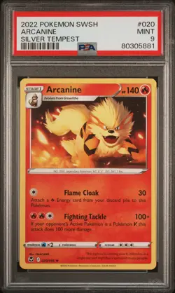 2022 POKEMON SWORD & SHIELD SILVER TEMPEST #020 ARCANINE PSA 9 - Image 1