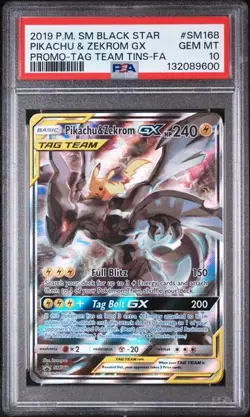Pokemon Pikachu & Zekrom GX Tag Team Tin Promo Full Art #SM168 PSA 10 - Image 1