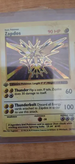Pokemon Zapdos 1st Edition Holo Rare Base Set Shadowless 16/102 90 HP - Image 1