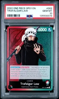 2022 ONE PIECE OP01-ROMANCE DAWN #002 TRAFALGAR LAW PRE ERRATA PSA 10 - Image 1