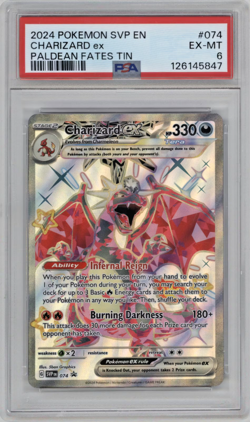 2024 Pokemon Paldean Fates Charizard ex Tin Black Star Promo 074 – PSA 6 - Image 1