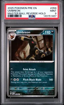 2025 POKEMON PRE EN-PRISMATIC EVOLUTIONS MASTER BALL REVERSE HOLO UMBREON PSA 9 - Image 1