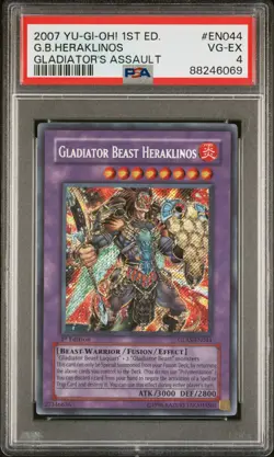 YUGIOH 1ST GLAS-EN044 GLADIATOR BEAST HERAKLINOS SECRET RARE PSA 4 EX #88246069 - Image 1