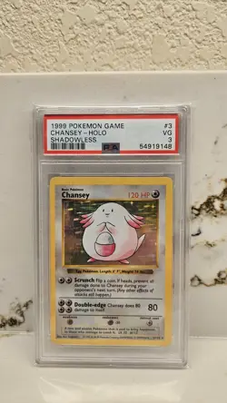 Pokemon TCG Chansey Base Set Shadowless Holo Rare Card 3/102 - PSA 3 Very Good - Image 1