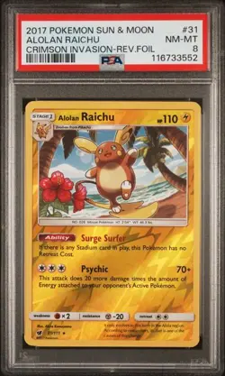2017 Pokemon Crimson Invasion Reverse Holo Alolan Raichu #31 PSA 8 - Image 1