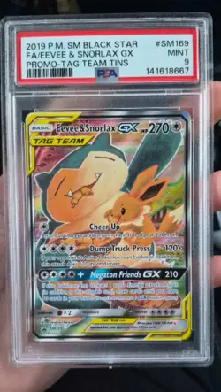 2019 Pokemon TCG SM Black Star Promo Eevee & Snorlax GX SM169 Holo EN PSA 9 - Image 1