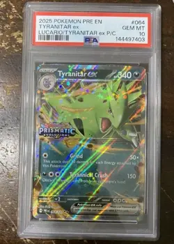 2025 POKEMON PRE EN-PRISMATIC EVOLUTIONS #064 TYRANITAR EX PSA 10 VHTF RARE - Image 1
