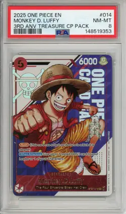 One Piece Graded: Monkey D. Luffy ST21-014 3rd Anniversary CP Pack PSA 8 - Image 1