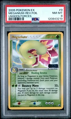 2005 POKEMON EX UNSEEN FORCES #9 MEGANIUM-REVERSE FOIL PSA 8 - Image 1