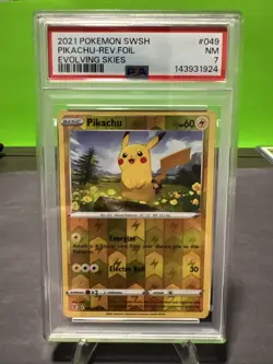 2021 POKEMON SWORD & SHIELD EVOLVING SKIES #049 PIKACHU-REVERSE FOIL PSA 7 NM - Image 1