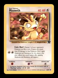 MEOWTH 62/82 C TEAM ROCKET POKEMON UNLIMITED NM/M - Image 1