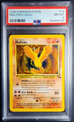 1999 Pokemon Fossil Moltres Holo 12/62 WOTC Unlimited PSA 8 NM-MT - Clean! - Image 1