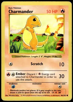 Charmander 46/102 Common Base Set Shadowless Pokemon Unlimited HP - Image 1