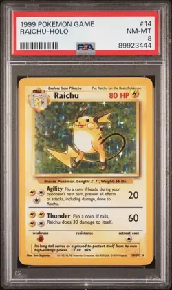 1999 POKEMON BASE SET UNLIMITED #14 RAICHU-HOLO PSA 8 - Image 1