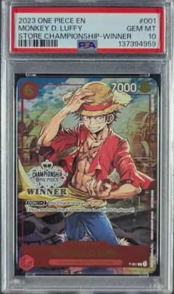 2023 ONE PIECE PROMOS STORE CHAMPIONSHIP-WINNER #001 MONKEY D. LUFFY PSA 10 - Image 1
