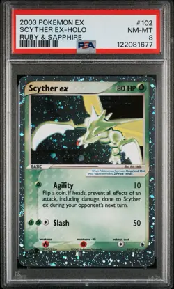 2003 POKEMON EX RUBY & SAPPHIRE #102 SCYTHER EX-HOLO PSA 8 - Image 1